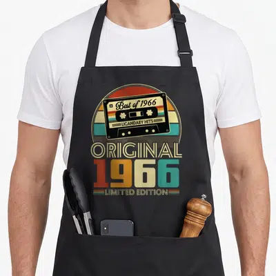 Tablier de cuisine noir avec illustration vintage cassette Best of 1966 Limited Edition et texte coloré.