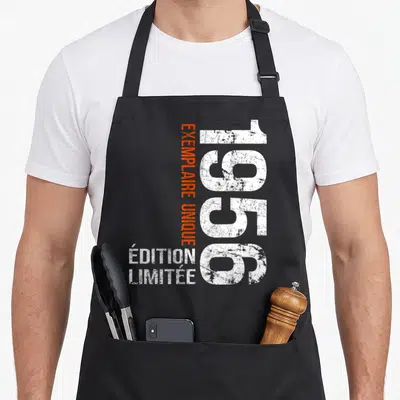 Tablier de cuisine noir avec l'année 1956 en blanc et texte orange exemplaire unique.