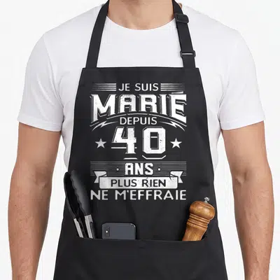 Tablier de cuisine noir avec inscription blanche Je suis marié depuis 40 ans plus rien ne m'effraie et décorations graphiques vintage.