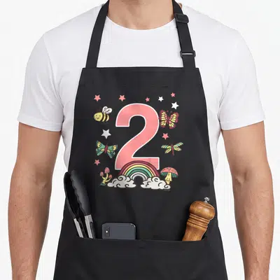 Tablier de cuisine noir avec un grand chiffre 2 rose entouré de papillons, d'une abeille, d'un arc-en-ciel et de étoiles colorées.