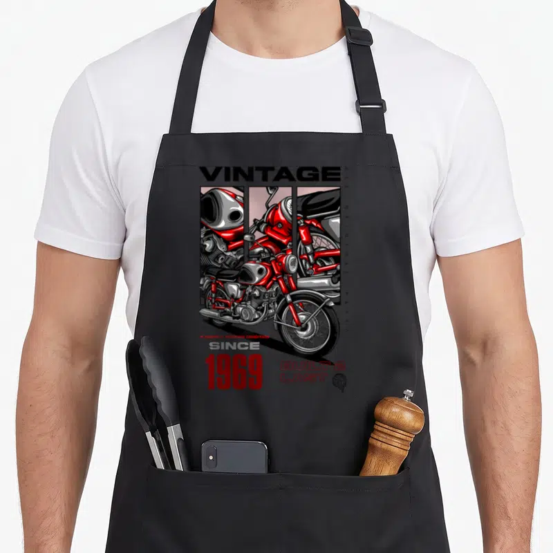 Tablier de cuisine noir avec illustration moto rouge vintage et inscription 1969 Built 2 Last