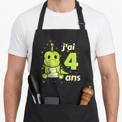 Tablier de cuisine noir avec un dinosaure vert portant une casquette et le texte j'ai 4 ans entouré de confettis colorés.