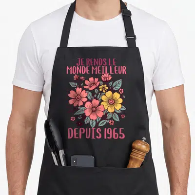 Tablier de cuisine noir avec bouquet de fleurs roses et jaunes et texte Je rends le monde meilleur depuis 1965.