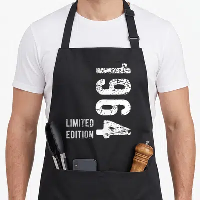 Tablier de cuisine noir avec inscription verticale 62 Limited Edition 1964 en blanc effet vieilli