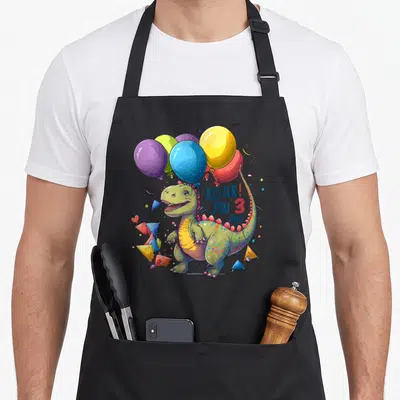 Tablier de cuisine noir avec dinosaure vert, ballons colorés et texte ROAR J'ai 3 ans imprimé au centre.