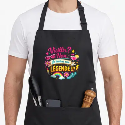 Tablier de cuisine noir avec inscription Vieillir Non Je deviens une Légende entourée daccessoires féminins et de couleurs vives.