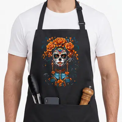 Tablier de cuisine noir avec illustration colorée d'une Catrina entourée de roses orange et de motifs floraux bleus.