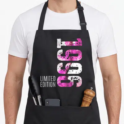 Tablier de cuisine noir avec le chiffre 30 en rose et blanc et l'inscription Limited Edition en bas à gauche.