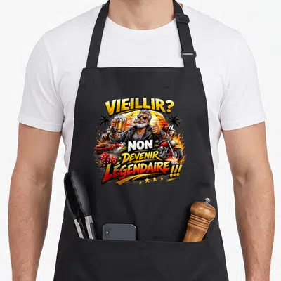 Tablier de cuisine noir avec illustration d'un homme barbu tenant une bière devant un soleil couchant et des palmiers.
