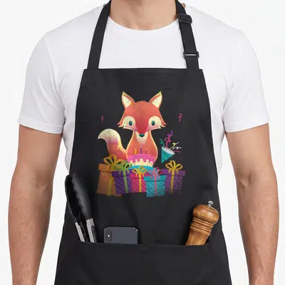Tablier de cuisine noir avec un renard mignon entouré de cadeaux colorés et d'un gâteau d'anniversaire rose.