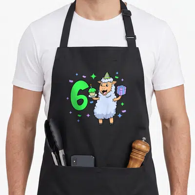 Tablier de cuisine noir avec mouton portant un gâteau et un cadeau à côté du chiffre 6 vert.