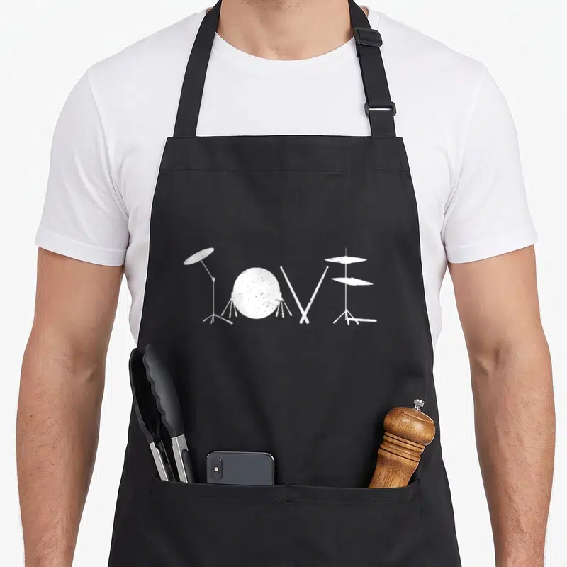 Tablier de cuisine noir avec le mot Love dessiné en instruments de batterie blancs et baguettes croisées.