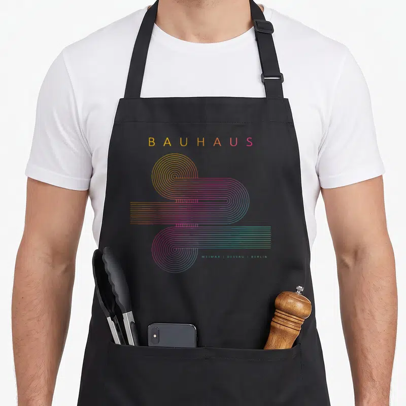 Tablier de cuisine noir avec une affiche Bauhaus 1923 aux lignes géométriques colorées et dégradées.