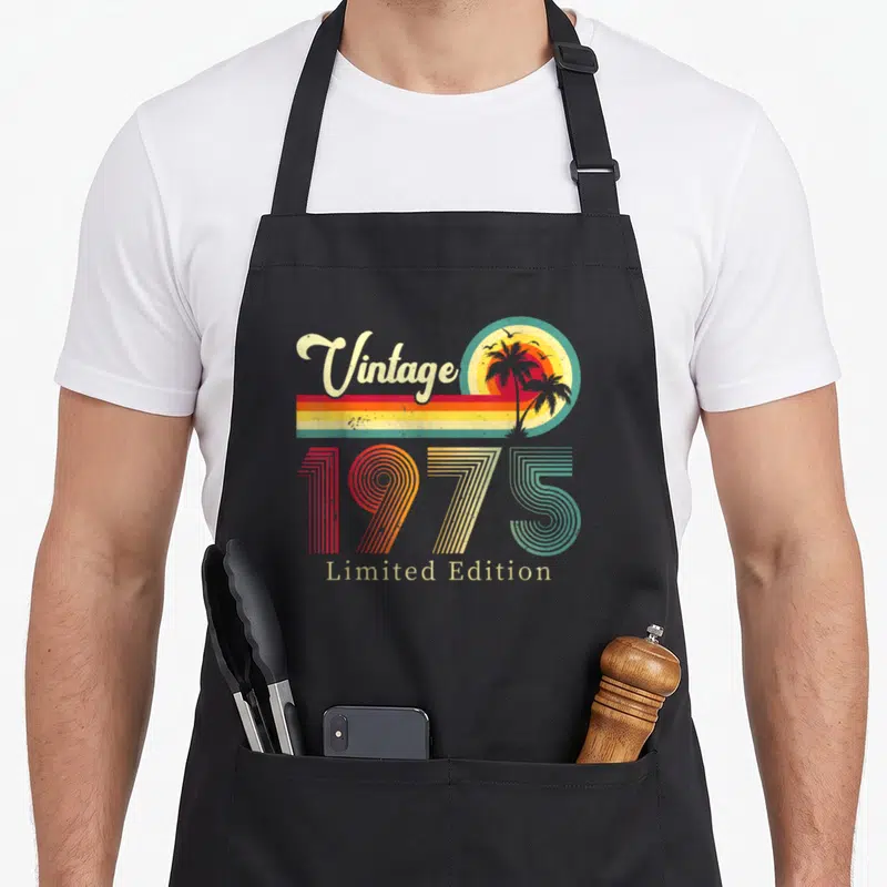 Tablier de cuisine noir avec motif vintage 1975 Limited Edition palmiers et soleil rétro