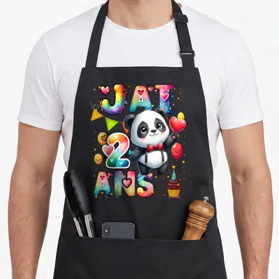 Tablier de cuisine noir avec un panda tenant un ballon rouge et le texte J'ai 2 ans en lettres arc-en-ciel.
