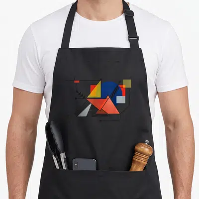 Tablier de cuisine noir avec composition géométrique Bauhaus couleurs primaires et lignes noires fines.
