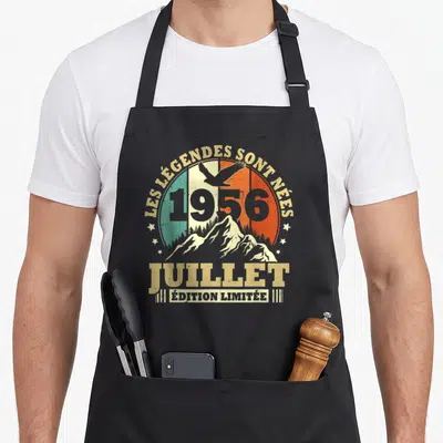 Tablier de cuisine noir avec illustration vintage Les Légendes sont Nées 1956 Juillet et aigle sur montagnes.