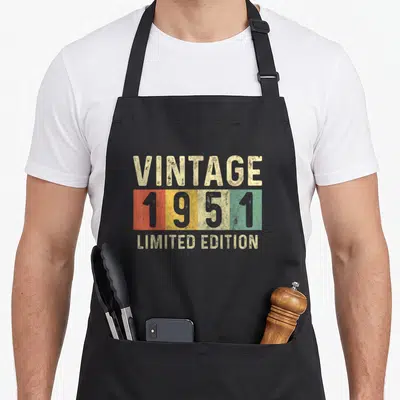 Tablier de cuisine noir avec motif vintage 1951 limited edition en lettres délavées sur fonds colorés orange jaune vert bleue