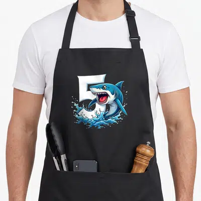 Tablier de cuisine noir avec un requin bleu et blanc émergeant d'une vague autour du chiffre 5 en blanc.