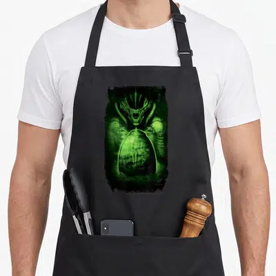 Tablier de cuisine noir avec illustration verte d'un monstre alien au-dessus d'une grosse coque ovoïde.