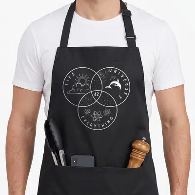 Tablier de cuisine noir avec un diagramme circulaire blanc représentant la vie, l'univers et tout le reste autour du chiffre 42.
