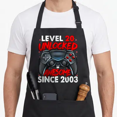 Tablier de cuisine noir avec illustration de manette de jeu vidéo et texte Niveau 20 Débloqué « Génial » Depuis 2003.