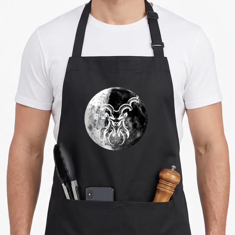 Tablier de cuisine noir avec illustration ronde d'une lune détaillée superposée au profil stylisé d'un chèvre-veau aux cornes imposantes.