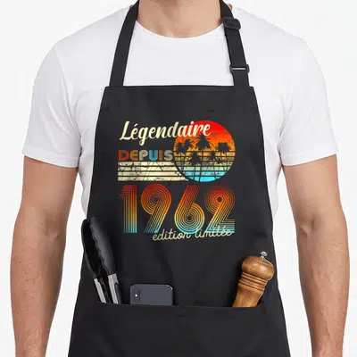 Tablier de cuisine noir avec motif rétro 1962 Légendaire édition limité soleil et palmiers
