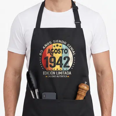 Tablier de cuisine noir avec motif circulaire coloré 80 Años Siendo Genial et date 1942 au centre.