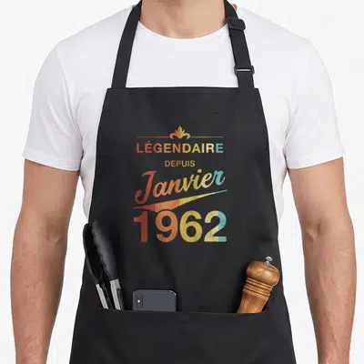 Tablier de cuisine noir avec motif vintage légendaire depuis janvier 1962 en couleurs dégradées