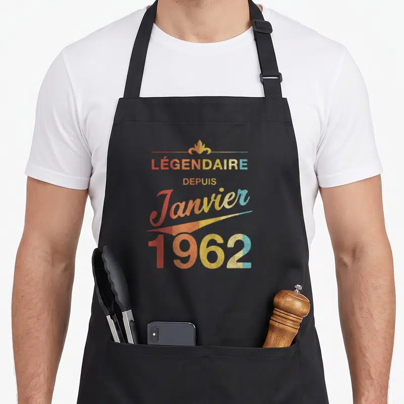 Tablier de cuisine noir avec motif vintage légendaire depuis janvier 1962 en couleurs dégradées