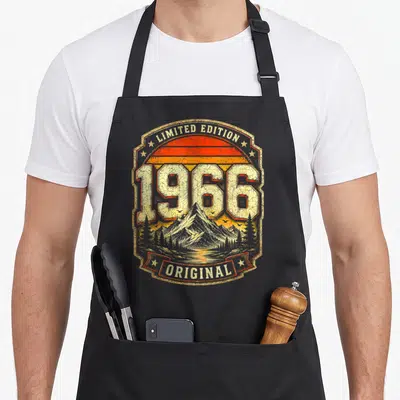 Tablier de cuisine noir avec motif vintage affichant 1966, montagnes et inscription Limited Edition Original.