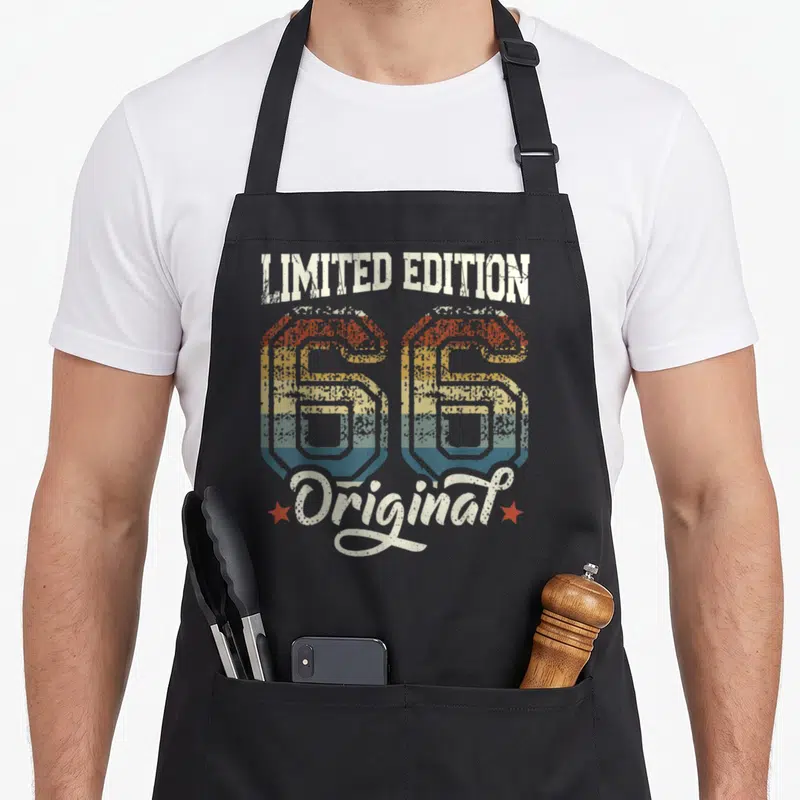 Tablier de cuisine noir avec motif vintage 60 Original Limited Edition 1966 couleurs dégradées étoiles rouges