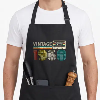 Tablier de cuisine noir avec illustration cassette vintage 1968 et texte limited edition multicolore