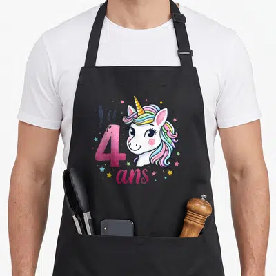 Tablier de cuisine noir avec licorne rose et texte J'ai 4 ans entouré d'étoiles multicolores.