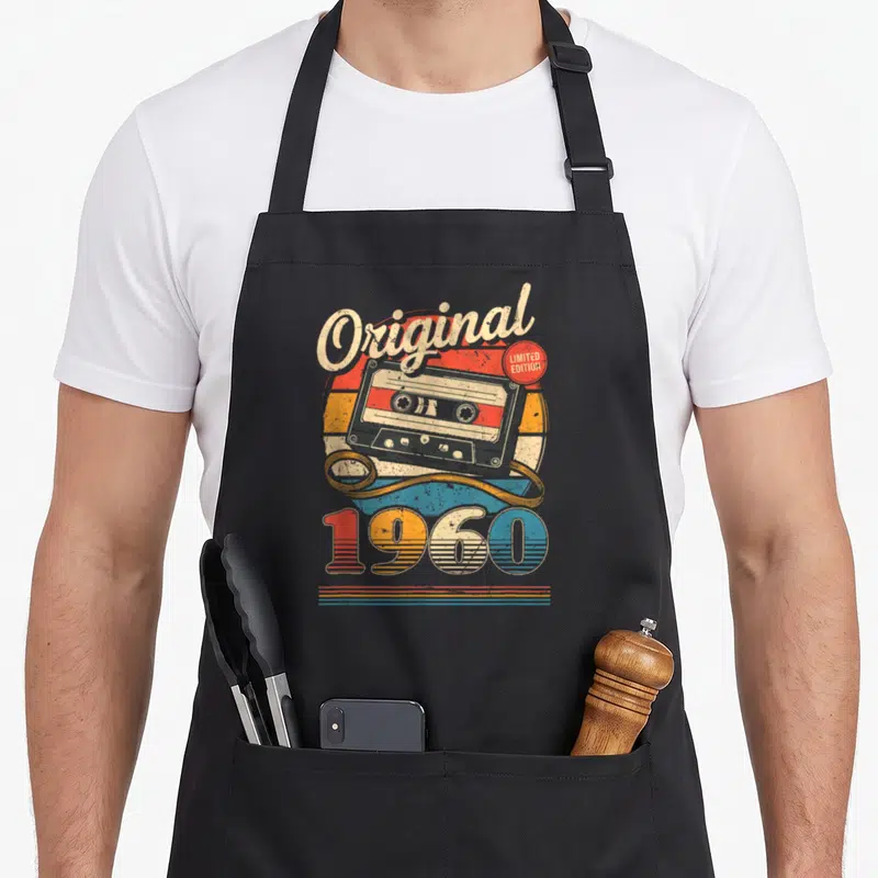 Tablier de cuisine noir avec illustration de cassette audio vintage et texte Original 1960 en couleurs délavées.