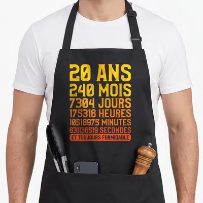 Tablier de cuisine noir avec texte orange 20 ans 240 mois 7304 jours et toujours formidable