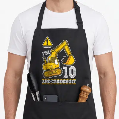 Tablier de cuisine noir avec pelleteuse jaune, panneau warning et texte I'm 10 and crushing it imprimé en blanc et orange.