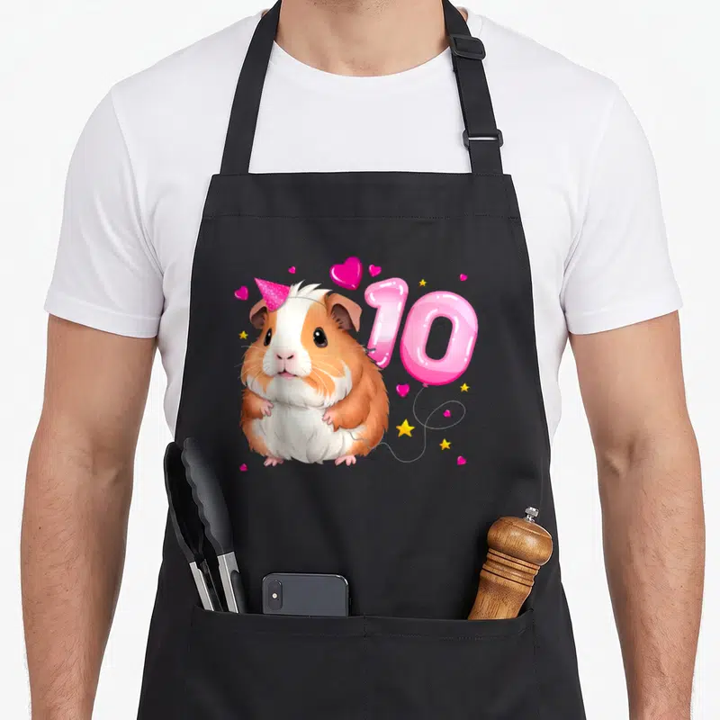 Tablier de cuisine noir avec un cochon d'Inde portant une casquette rose, le chiffre 10 en ballon et des étoiles dorées.
