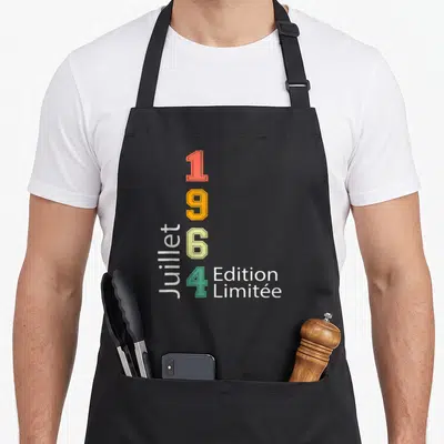 Tablier de cuisine noir avec inscription verticale 1964 colorée et texte Edition Limitée en blanc.