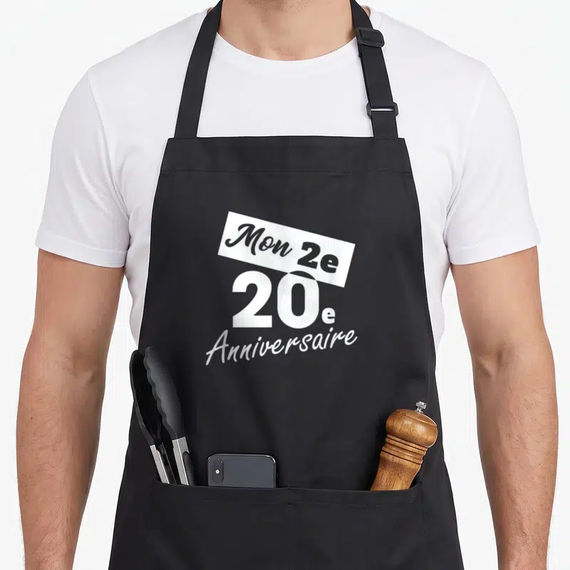 Tablier de cuisine noir avec inscription blanche Mon 2e 20e Anniversaire sur fond uni.