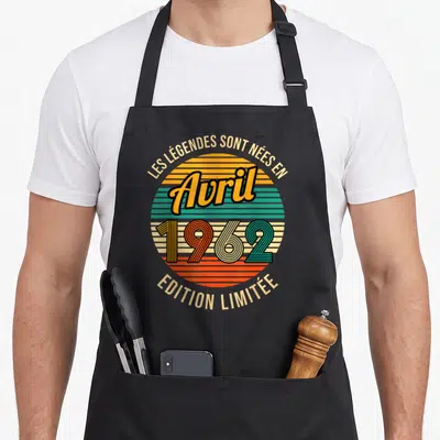 Tablier de cuisine noir avec motif circulaire retro Les Legendes sont nees en Avril 1962 Edition Limitée
