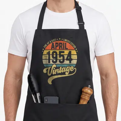 Tablier de cuisine noir avec illustration rétro montrant April 1954 et le mot Vintage en jaune doré.