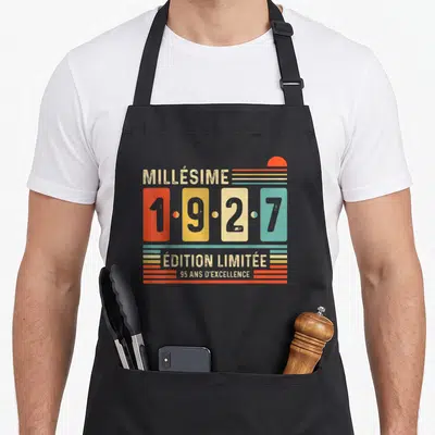 Tablier de cuisine noir avec design rétro affichant Millésime 1927 « Édition Limitée » 95 ans d'excellence en couleurs pastel.
