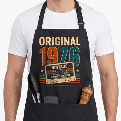 Tablier de cuisine noir avec motif vintage 1976 Original Limited Edition cassette audio orange et bleu sarcelle
