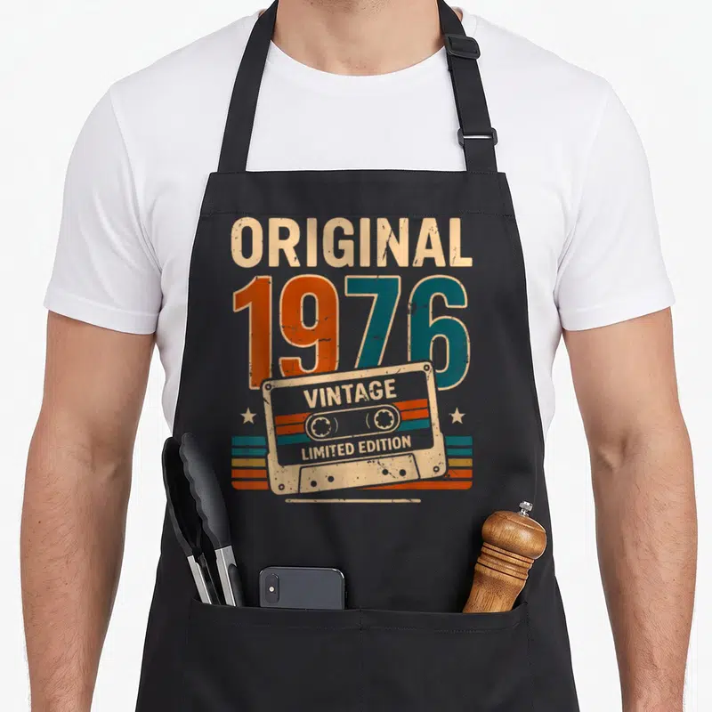 Tablier de cuisine noir avec motif vintage 1976 Original Limited Edition cassette audio orange et bleu sarcelle