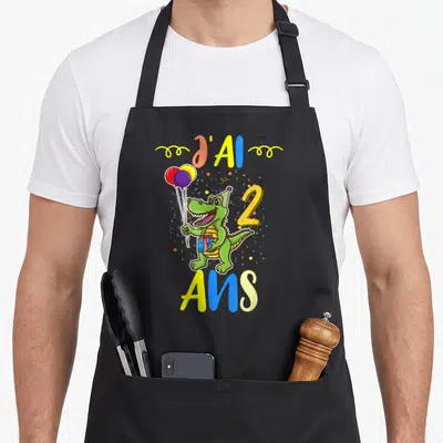 Tablier de cuisine noir avec un crocodile vert tenant des ballons et un cadeau sous le texte J'ai 2 ans