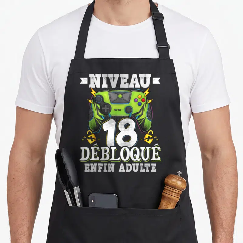 Tablier de cuisine noir avec manette de jeu verte et texte Niveau 18 Débloqué Enfin Adulte