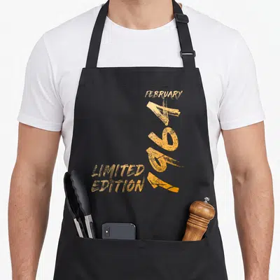 Tablier de cuisine noir avec l'inscription February 1964 Limited Edition en orange vif sur le devant.