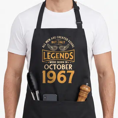 Tablier de cuisine noir avec inscription Legends Were Born Octobre 1967 et illustration d'ailes dorées.